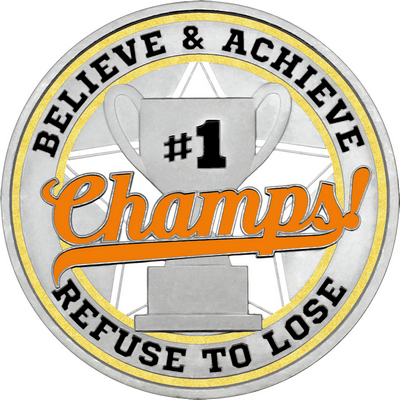 Orange "Champs!" with Gold Outer Circular Borders